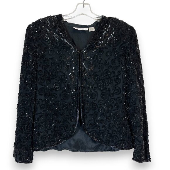 Vintage Black Silk Jacket Sequin Formal Retro Holiday Party Small - Picture 8 of 8